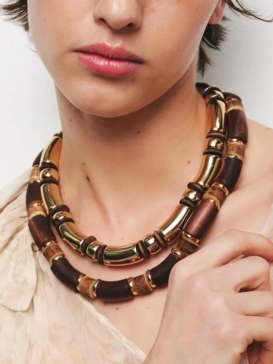 2pcs Bohemian Style Wooden Beaded Necklace Set, Vintage Geometric Pendant Choker Necklaces For Women, Suitable For Daily And Vacation Wear