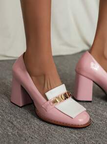 Retro Square Toe Chunky Heel Pumps, Metal Buckle Patent Leather Casual Shoes, Versatile Wedding Shoes