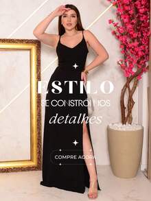 Long Plain Dress With Slit And Adjustable Straps For Wedding Party Bridesmaid Guest - Black - View 8
