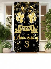 1pc Customizable Anniversary Number Anniversary Happy Photography Background Cloth, Wedding Anniversary Party Decor, Black & Gold Background