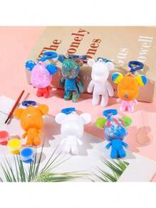 Set de manualidades de creación DIY que incluye un llavero con diseño de oso fluido estilo graffiti, conejo de orejas largas y pequeña decoración de alien, con base blanca para pintar a mano (Incluye: 3 colores u 12 colores de pinturas acrílicas y pinceles) (Colores de accesorios al azar), Vuelta al colegio