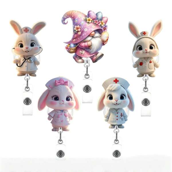 1 Pc Cute Rabbit Scroll Badge With Interesting Retractable Badge Clip With Swivel Crocodile Clip, Suitable For Nurses, Doctors And Medical Students,School Supplies,Back To School