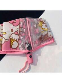 Sanrio مظلة صغيرة قابلة للطي تلقائيًا من سانريو ب- 8 عيدان من الحديد ، بتصميم كرتوني عصري ، غطاء من البلاستيك و مقبض ، مظلة شفافة قابلة للطي مزخرفة بطباعات الشخصيات الكرتونية ، مناسبة للصيف والشاطئ والسفر