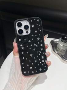 1pc Black Rhinestone Star Design Full Coverage TPU Shockproof Phone Case Suitable For IPhone 16, 15, 14, 13, 12, 11 Pro Max