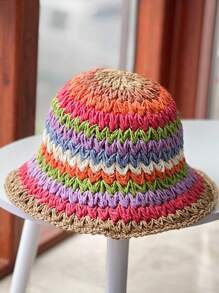 1 pièce Chapeau seau en paille rayé bicolore pour femmes, adapté pour le port quotidien, les sorties d'été et les vacances pour la protection solaire Boho