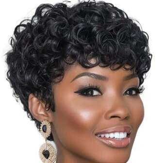 Short Curly Glueless Human Hair Bob Wigs For Black Women Pixie Cut Wig Human Hair Brazilian Wigs 4 Inch Short Curly Wigs 100% Human Hair None Lace Front Wig Full Machine Made Wig Suitable For Daily And Christmas Use 1B Color