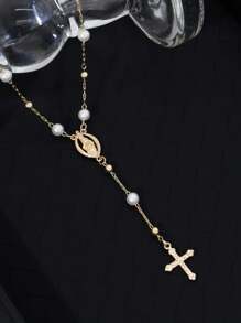 1pc Vintage Cross & Virgin Mary Pendant Y-Necklace With Faux Pearl, Women Accessory For Party And Everyday Wear (Random Pearl Quantity)