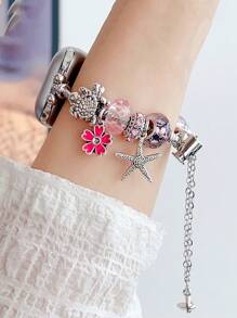 1pc Bee/Flower Pendant Beaded Silver Chain Bracelet Strap Compatible With Apple Watch Band 38mm 40mm 41mm 4mm 44mm 45mm 49mm (S10 42)Mm (S10 46)Mm Fashionable And Simple, Exquisite Wome's Wrist Strap Suitable For Apple Watch Series Ultra 2 S10 SE9 8 7 6 5 4 3 2 1's Mother's Day/Daily Gift