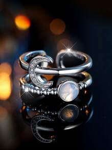 1 pièce Bague ouverte femme à la mode et mignonne avec design de ligne creuse de lune et lapin, pierre CZ. Convient pour date, soirée, anniversaire, vacances