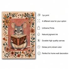 1 pezzo Stampa su tela con cartellone artistico naif di un topolino che legge, senza cornice, per nido d'infanzia, stile cottagecore accogliente, arte da parete minimalista rustica vintage per amanti dei libri, salotto, camera da letto, decorazione moderna per casa, sopra il letto