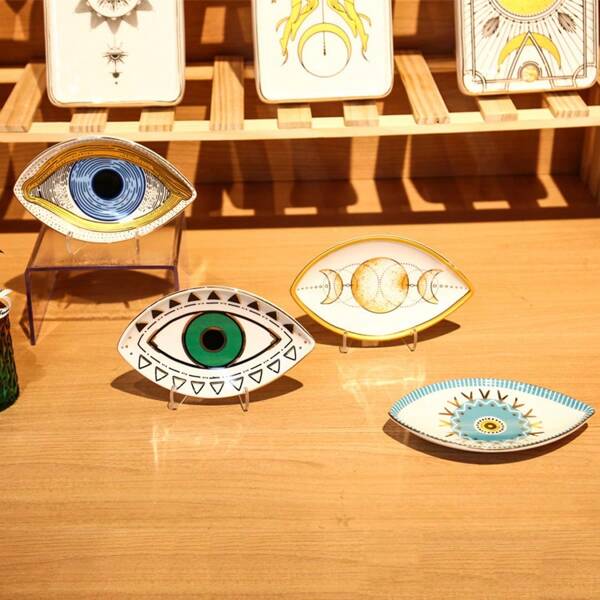 1pc Oval Ceramic Decorative Tray, Demonic Eye Design, Jewelry & Home Accessory Organizer