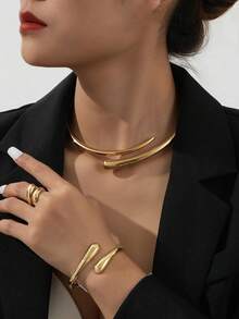 1 Set Elegant High-End Geometric Shape Alloy Bracelet, Ring, Necklace, Earrings Jewelry Set For Women, Suitable For Parties, Galas, And Dates, An Elegant Gift For Girlfriend - Gold - View 13