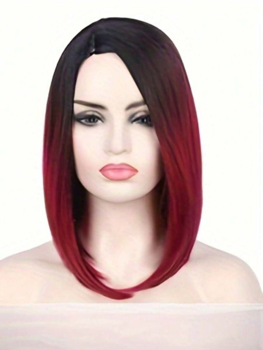 Short Bob Straight Synthetic Wig Ombre Wig Black To Red Side Part Daily Cosplay Party Wig 14 Inches Bowl Cut Wig Heat Resistant Fiber Synthetic Wigs For Women Black Red