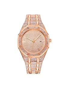 1 Peça Relógio de Quartzo Quadrado Fashionable Masculino com Banda de Aço Inoxidável Decorada com Strass e Calendário