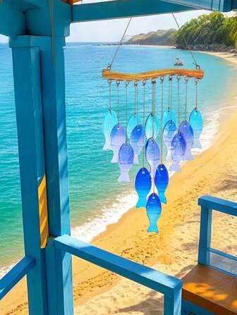 1 pieza Colgante decorativo de pez de vidrio azul hecho a mano - Decoración colgante grande para interiores/exteriores con pez esférico brillante, sin necesidad de electricidad, adecuado para jardines, terrazas, fiestas en la playa, bodas y festivales (Halloween, Navidad, Pascua, Día de San Valentín)