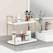 Bathroom Organizer Countertop Counter Organizer For Bathroom Decor Wooden Sink Shelf For Vanity Storage Makeup Tray For Perfume Skincare Bedroom Kitchen Corner 2 Tier White And Gold