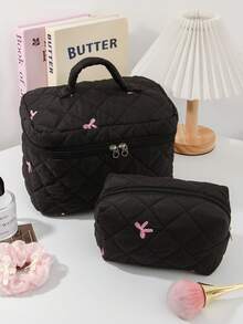 1 件/套甜美酷炫粉色蝴蝶结黑色背景绗缝女孩洗漱化妆包套装，大容量防污化妆包化妆袋，轻盈蓬松填充洗漱包，适合日常使用，节日旅行返校用品，宿舍必需品旅行必需品，生日礼物