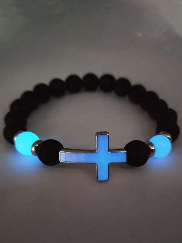 1pc Volcano Stone Night Glow Vintage Bracelet, Multicolor Luminous Cross Beads Jewelry For Boys And Girls, Graduation Season Gift, Back To School Season Birthday Gift ﻿