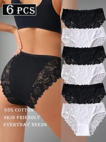 6pcs Elegant Solid Color Panty Lace Trim Briefs Underwear Set For Women