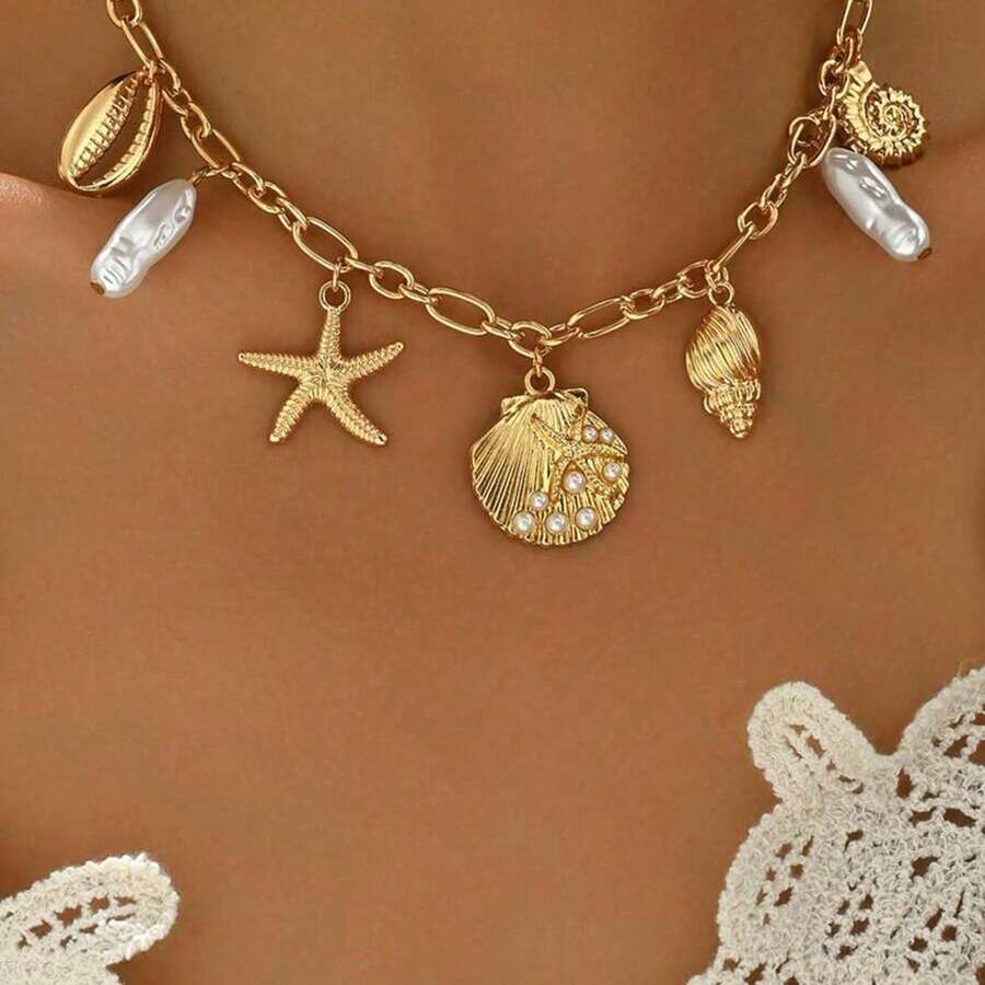 Collar dorado con colgantes de estrella de mar, concha y caracol, joyería de estilo vacacional de playa de moda, collar colgante de vida marina para fiesta - L1575 - Ver 1