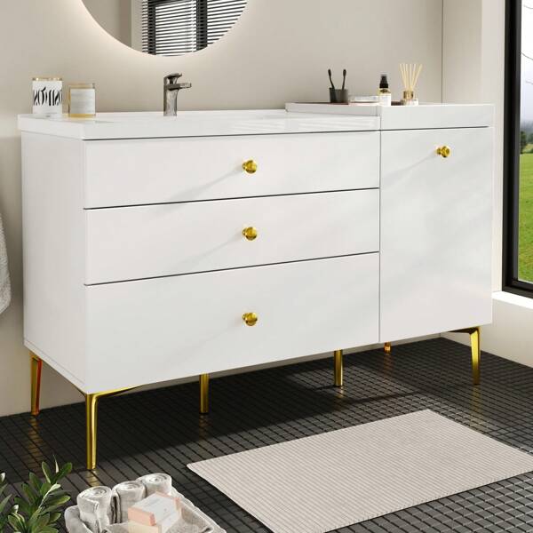 Waschbeckenunterschrank mit 2 Schubladen, Badezimmerschrank mit Waschbecken, Keramikbecken, Stauraum, Feuchtigkeitsbeständig,  für Badezimmer/Eingang/Flur,Weiß