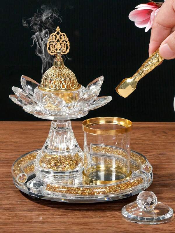 4pcs/Set Crystal For Lotus Glass Incense Burner Set, Crystal Incense Burner Luxury Diamond Muslim Censers Sticks Hold For Home Wedding Decoration ,Lotus Crystal Incense Burner Aromatherapy Burner Living Room Decoration Incense Burner Set ,Used For Office And Home Decoration