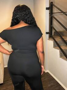 Truni Plus Size Asymmetrical Neck Short Sleeve Simple Jumpsuit Casual Everyday Wear Black Slim-Fit Jumpsuit