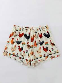 2pcs Set Women Summer Casual Short Sleeve Pajamas, Lapel Button Short Sleeve Top And Loose Elastic Shorts, Cartoon Animal Chicken Pattern, Comfortable & Loose, Suitable For All Seasons, Homewear