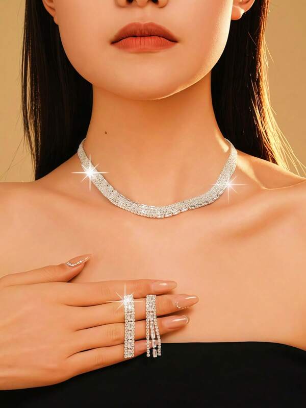 Two Pieces Multi-Row Flash Diamond Zirconia Women's Necklace & Earrings, Ladies Wear Jewelry Sets For Daily Parties.