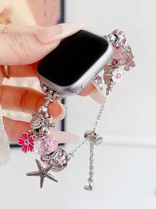 1pc Bee/Flower Pendant Beaded Silver Chain Bracelet Strap Compatible With Apple Watch Band 38mm 40mm 41mm 4mm 44mm 45mm 49mm (S10 42)Mm (S10 46)Mm Fashionable And Simple, Exquisite Wome's Wrist Strap Suitable For Apple Watch Series Ultra 2 S10 SE9 8 7 6 5 4 3 2 1's Mother's Day/Daily Gift