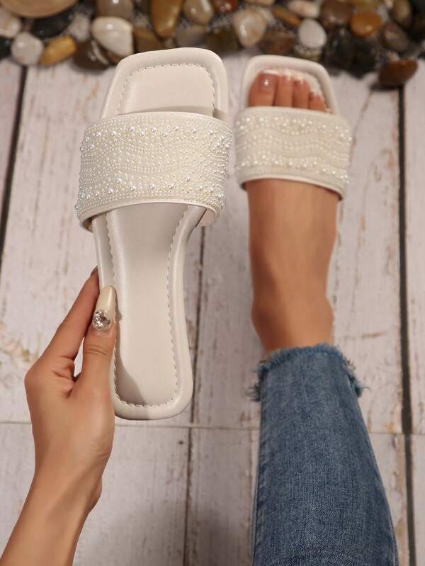 Plus Size Women Slip-On Rhinestone Decor Sandals, Casual Versatile Outdoor Plastic Flat Slippers