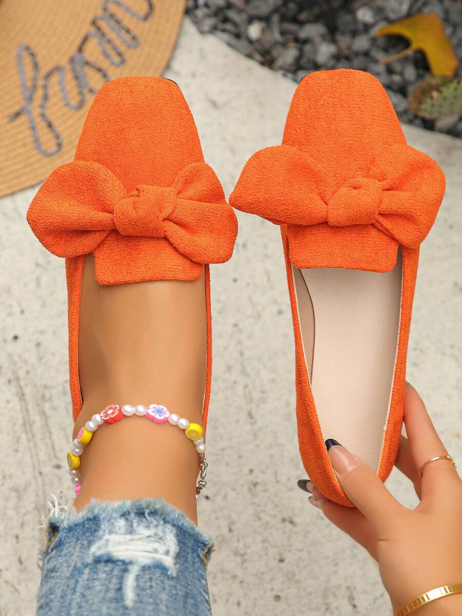 Ballerine arancioni dalle linee ampie con fiocco e punta quadrata, comode scarpe senza lacci casual, eleganti per l'ufficio, adatte per la primavera/estate