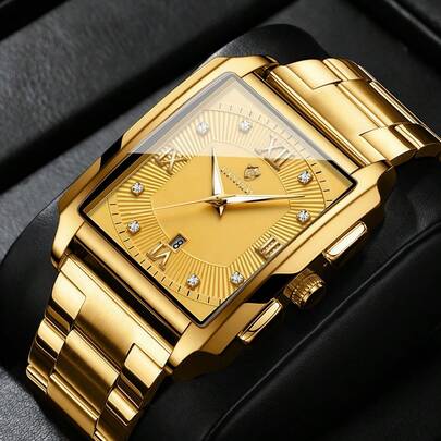 男士手表金色方形表盘 50米防水 316不锈钢夜光日本进口石英自动机芯 - 高品质内置长寿命电池 英文周日日历 精准计时 生日礼物 丈夫 父亲节 婚礼纪念品 考试 返校必备