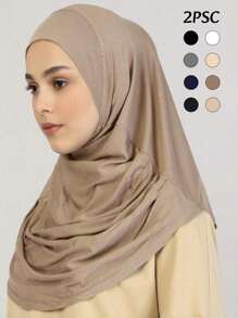 2pcs Women Solid Color Instant Hijab Set, Prayer Casual Pleated Headscarf Combination, Multi-Color Options, Practical Headscarf, Tudong, Instant Long Khimar Hijab, Suitable For Daily Wear All Seasons