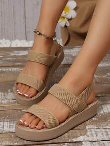 Women Comfortable Platform Wedge Heel Non-Slip Soft Bottom Round Toe Solid Color Sandals - Apricot - View 1