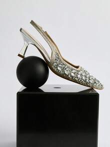 Giày cao gót hở mũi thời trang đính đá Rhinestone và sequin, quai đeo mắt cá chân dành cho nữ, phong cách mùa xuân, quà tặng Giáng sinh, ngày lễ tình nhân, mùa đông - Bạc - Xem 2