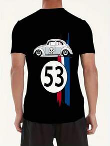 Men's Retro Racing Graphic T-Shirt - Black Short Sleeve Crewneck With Vintage Car & "53" Design, Casual Summer Tee For Men, Leisure Clothing |   Vintage Car Print |   Durable Tshirt, Vintage T ShirtsSummer Tops Are Pure Cotton T-Shirts Comfortable And Light, Casual T-Shirt - Black - View 3
