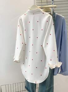 Women's Allover Heart Print Polo Collar Shirt - Oversized Button-Up Front Long Sleeve Top For Casual To Dressy Essentials, Spring Summer Fall All-Season Capsule Wardrobe