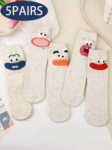 1 Pair/5 Pairs Women Funny Cute Polka Dot Eye-Shape Pattern Interesting Mid-Calf Socks, Suitable For Daily Wear