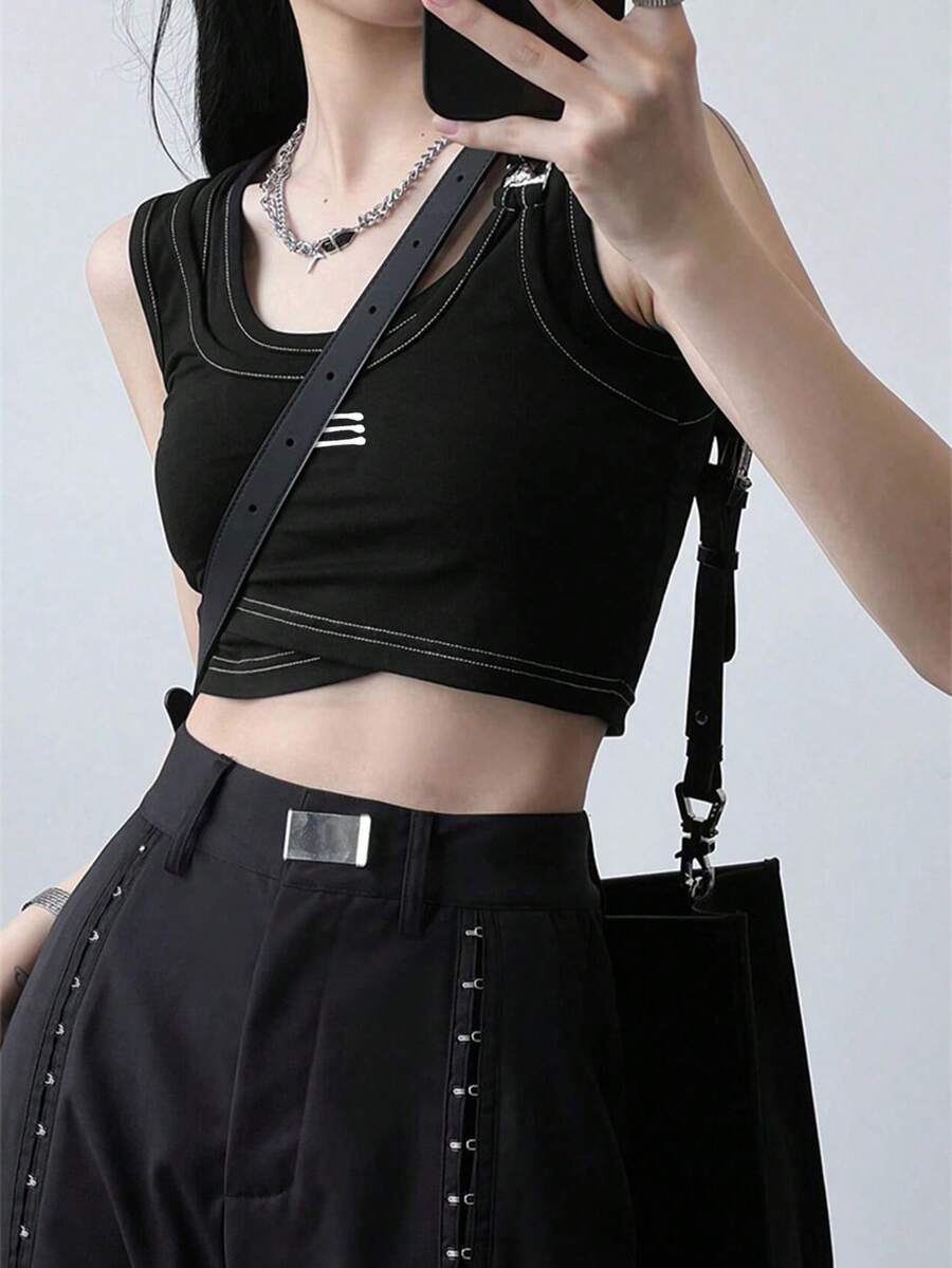 女士短款吊带背心,露脐设计,独立美式风格,休闲黑色夏季款 - 黑色 - 查看 1