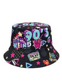 Retro 90s Graffiti Print Bucket Hat, Unisex Street Hip Hop Lightweight Reversible Bucket Hat, Suitable For Parties And Events - A - View 19