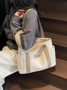 时尚休闲多口袋字母装饰轻便斜挎包，简约大容量单隔层手提包，适合女性购物、上学、工作、医院、户外 - 米色 - 查看 3