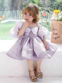 0-3岁女婴优雅泡泡袖蝴蝶结浅紫色连衣裙，公主裙，适合1岁生日派对、婚礼花童、节日庆典等场合。 - 紫色 - 查看 6