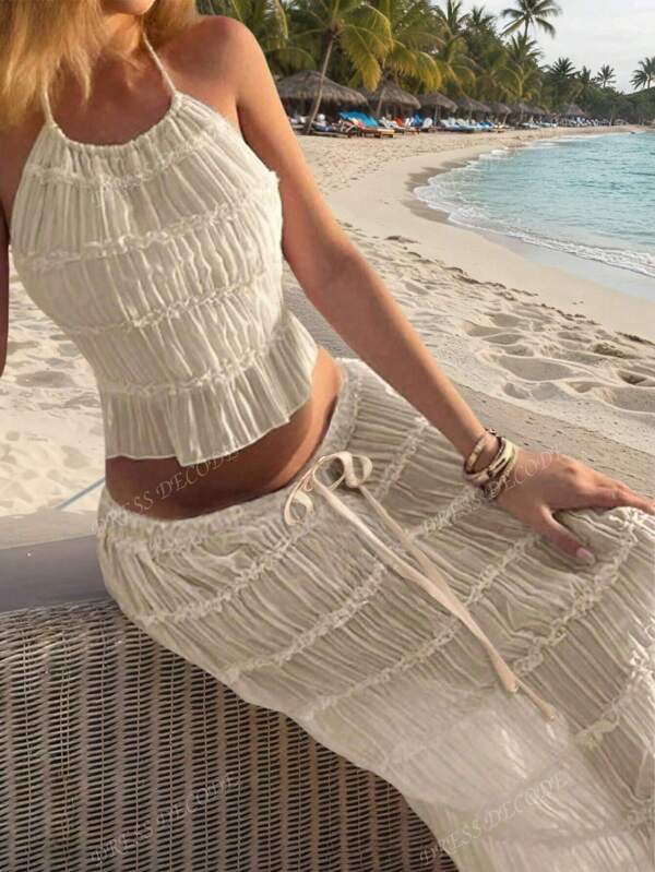 2pcs/Set Apricot Chiffon Multi-Layer Ruched Lace Trim Halter Backless Maxi Dress Suit, Elegant Romantic
