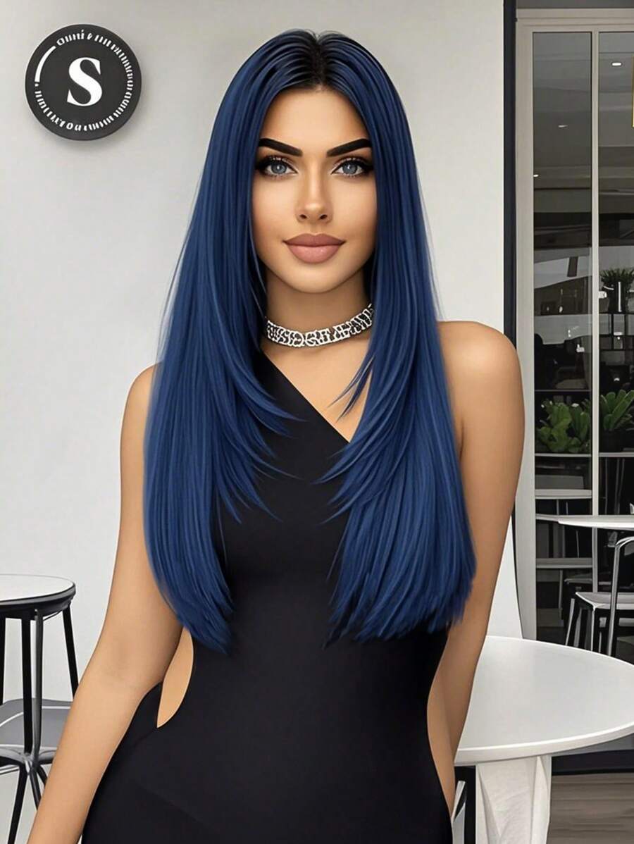 Parrucca lunga 26 pollici di colore blu scuro per donne, capelli sintetici lunghi e lisci tessuti a macchina con riga centrale, parrucca sintetica a onde naturali resistente al calore per uso quotidiano, feste, cosplay e tutti i giorni