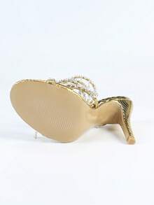 Women's Stiletto Heeled Sandals, Fashion Minimalist Strap With Rhinestone Snake Wrap Round Toe, Basic Style For Summer & Autumn - Gold - View 2