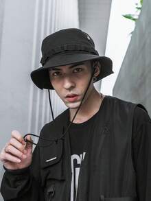 Sombrero de cubo negro de moda urbana techwear para hombre con cuerdas ajustables - Negro - Ver 4