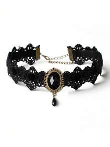 1 pièce Collier ras-du-cou gothique vintage incrusté de pierres précieuses en dentelle noire, accessoire de mode unique et charmant pour femmes