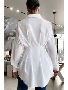 Casual Commute Plain Color Pleated Waist Long Sleeve Shirt - White - View 3