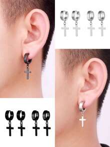 1 par de brincos masculinos com pingente de cruz personalizado, sem piercing, clipes de orelha de aço inoxidável, brincos minimalistas de hip hop para casais, adequados para encontros, férias, festa